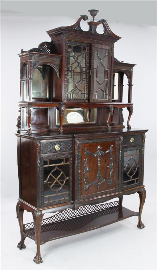 A Victorian Chippendale Revival mahogany side cabinet by Shoolbred & Co, W. 4ft 8in. D. 1ft 4in. H. 8ft 1in.